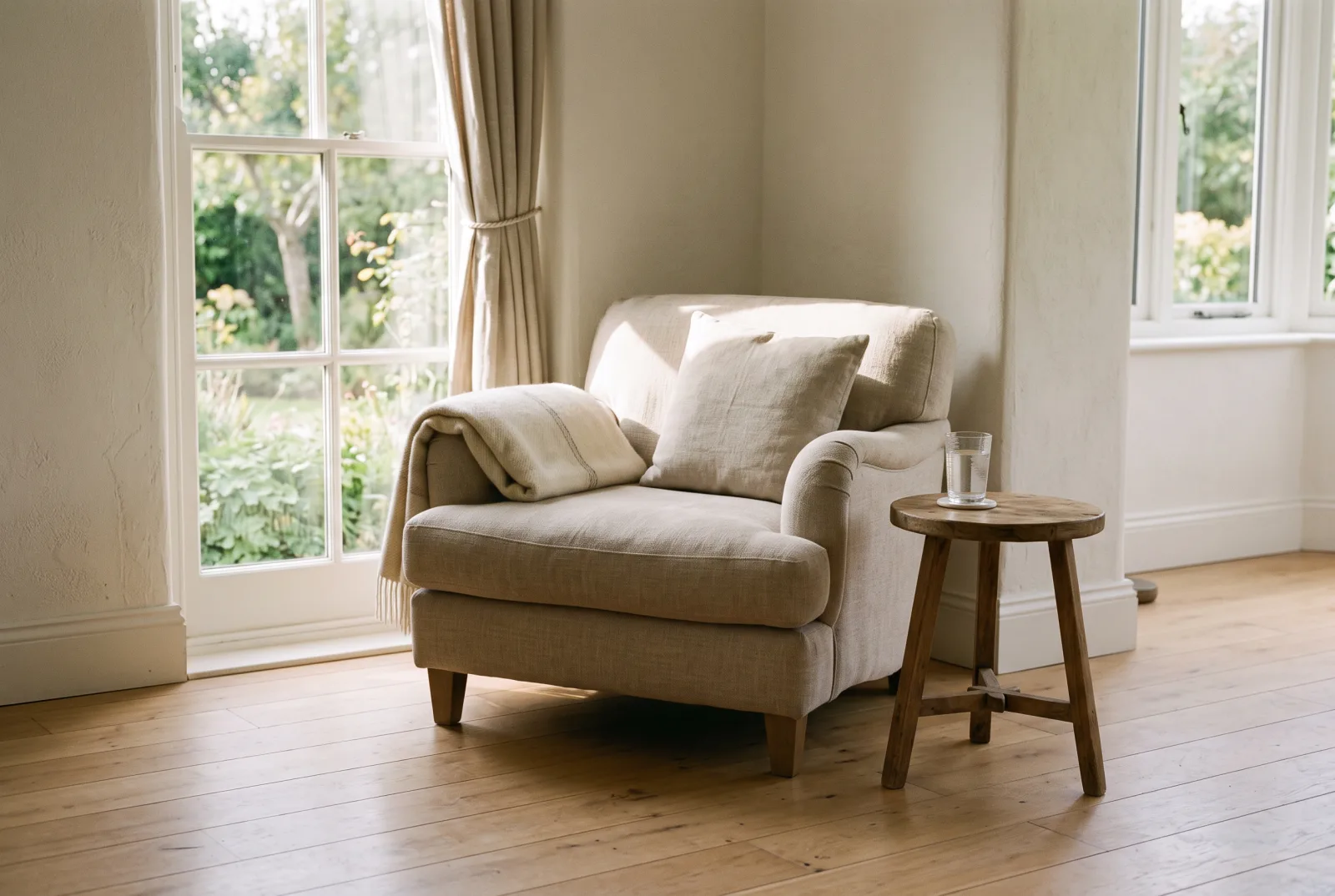 An armchair with a folded wool blanket beside a sunny window in the early afternoon