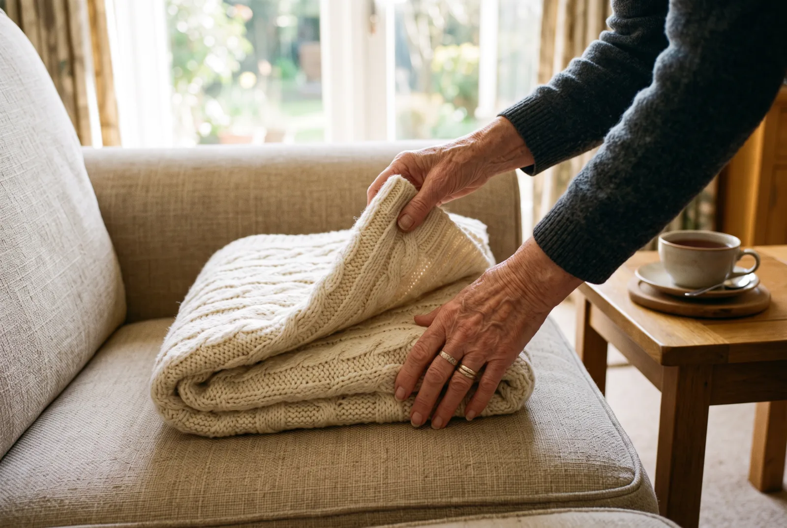 An older adult's hands folding a cream knit blanket on a sofa in bright afternoon daylight
