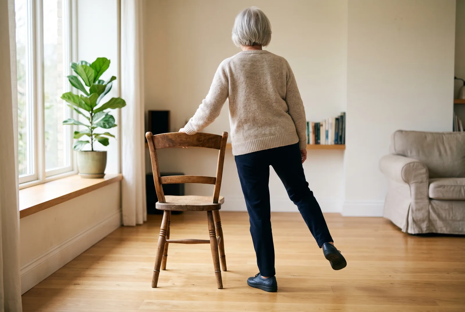 An older woman seen from behind standing on one foot with one hand resting on the back of a wooden chair in a bright living room
