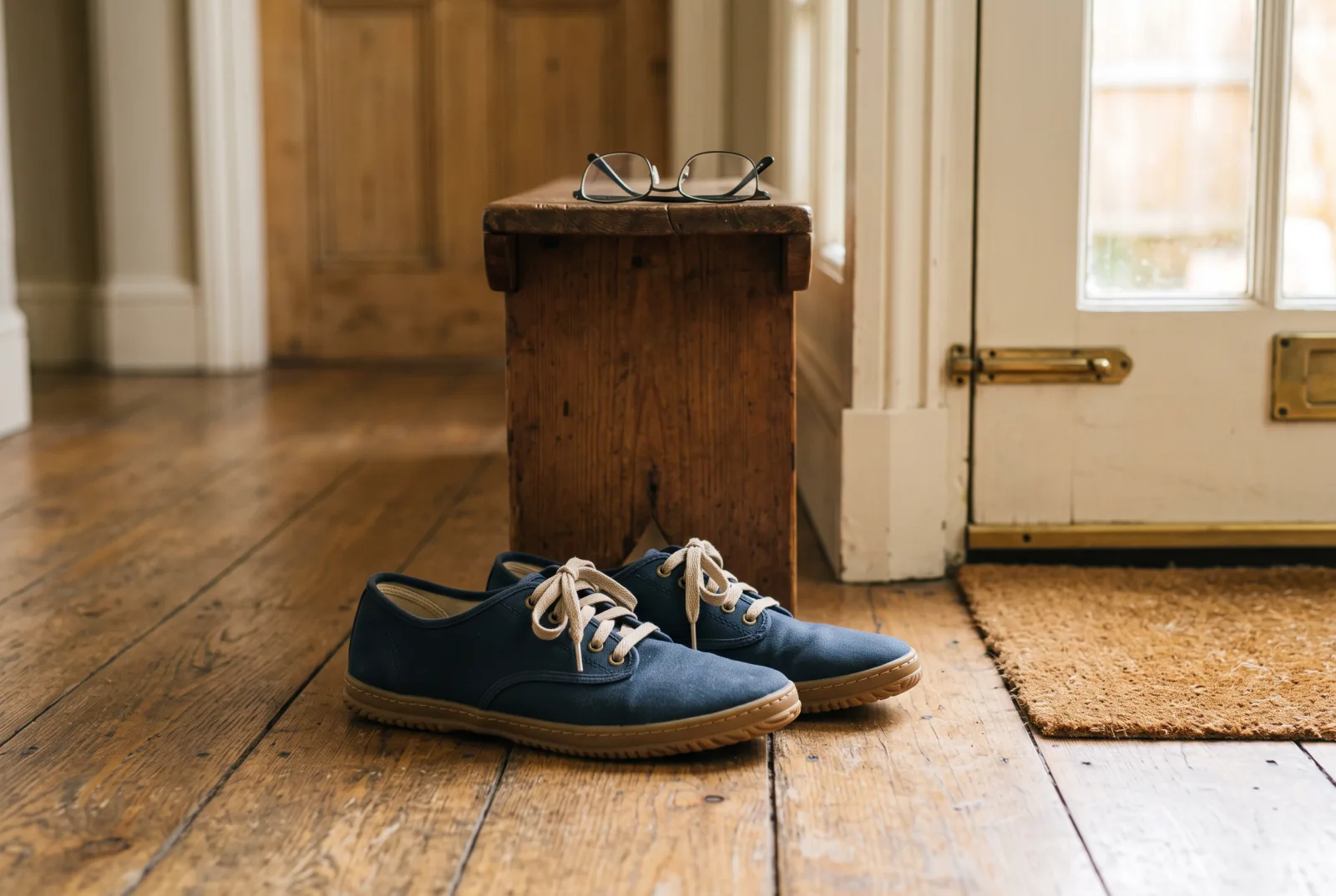 A pair of flat lace-up shoes with rubber soles on a wooden floor by the front door, with reading glasses on a bench above them