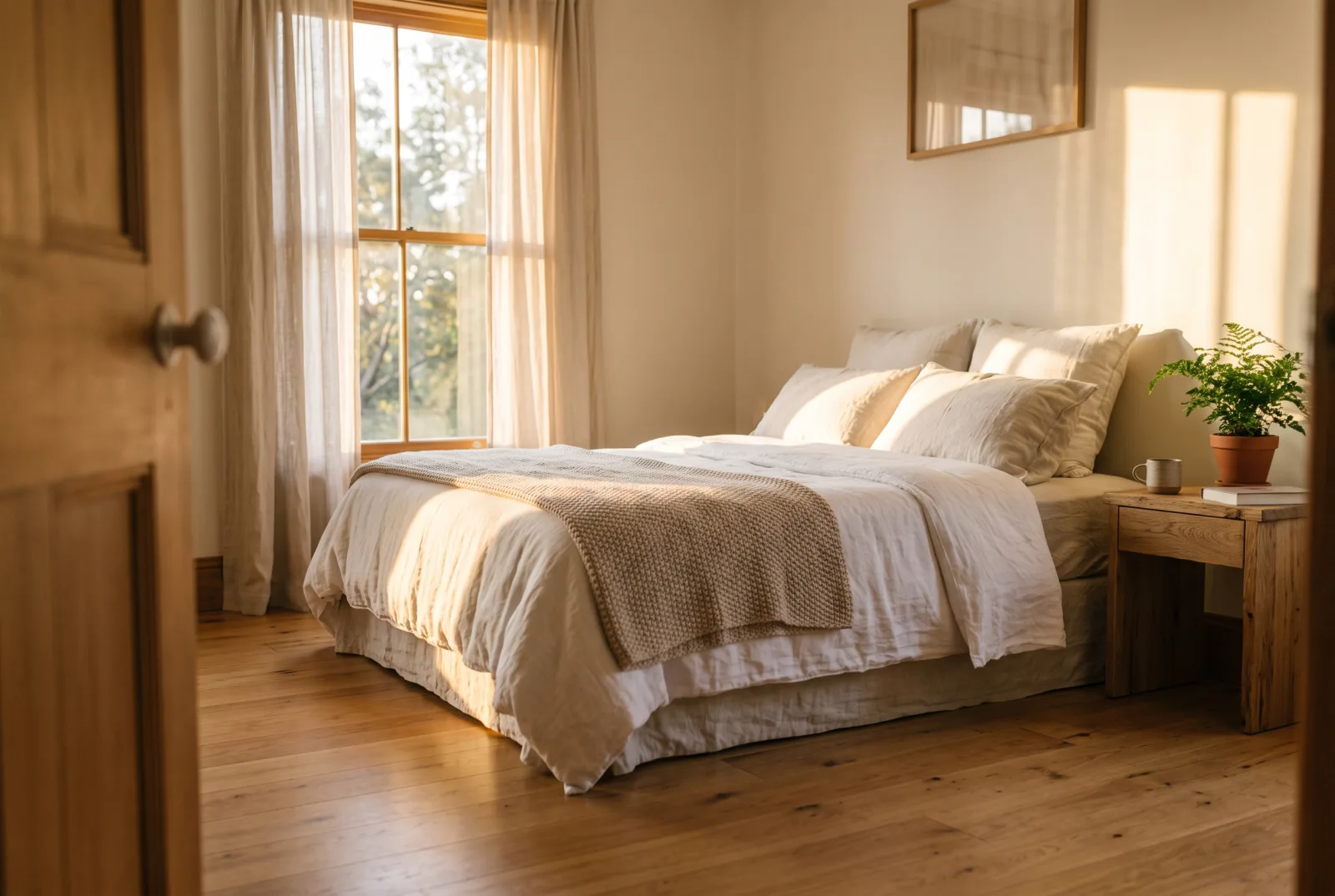 Low morning sunlight falling across a neatly made bed in a quiet bedroom