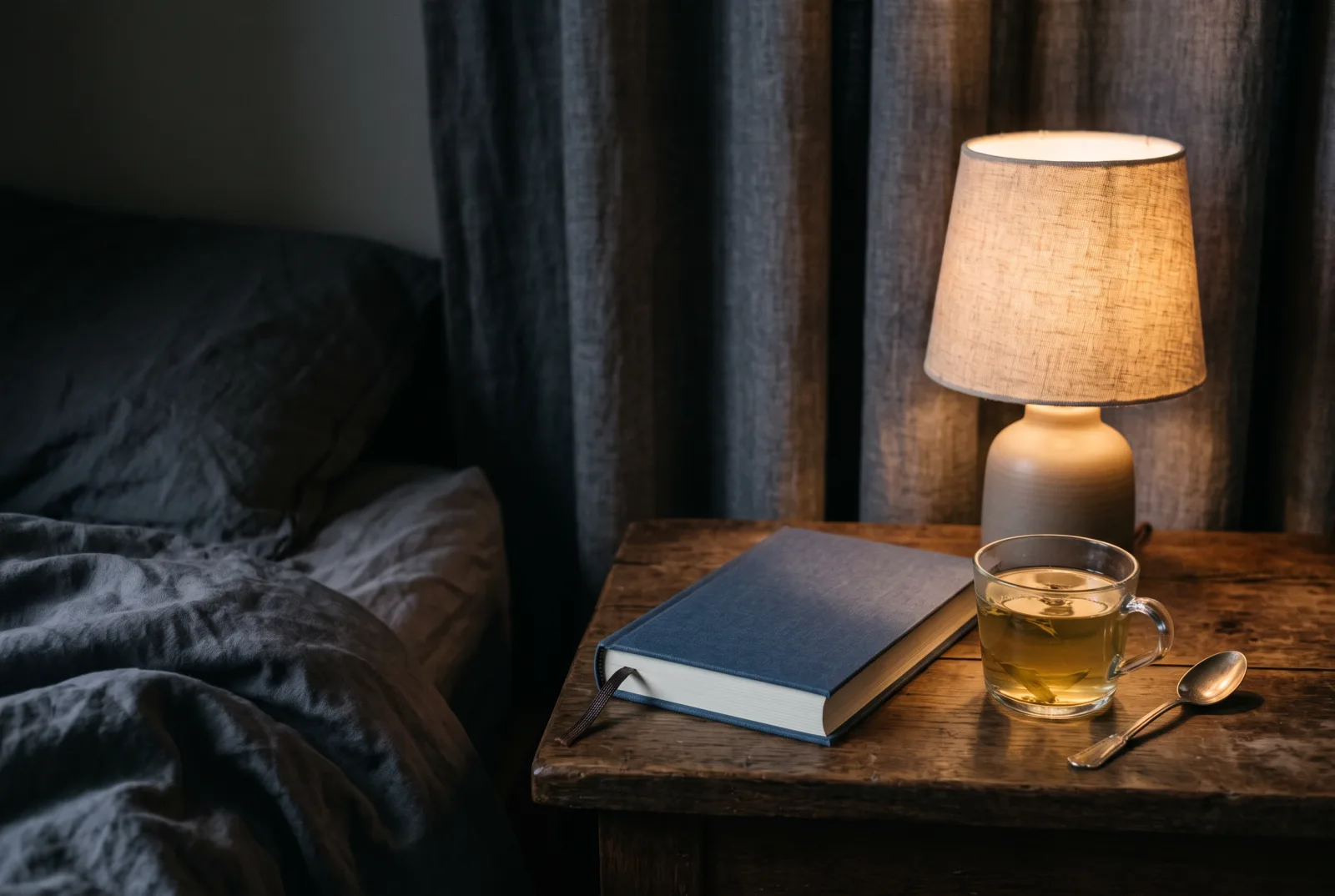 A bedside table in the evening with a dimly glowing lamp, a closed book and a glass cup of herbal tea