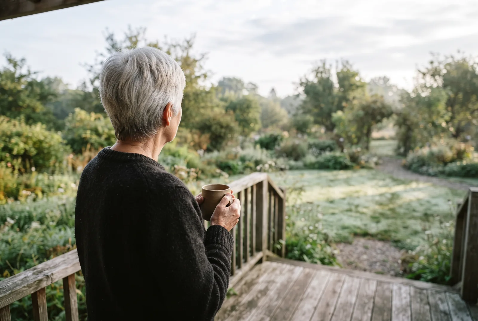An older adult seen from behind on a back porch in early morning light, holding a mug and looking out at a garden