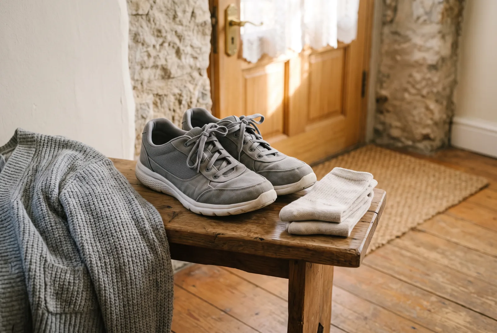 Gray lace-up walking shoes and folded cotton socks on a wooden bench by a sunlit front door