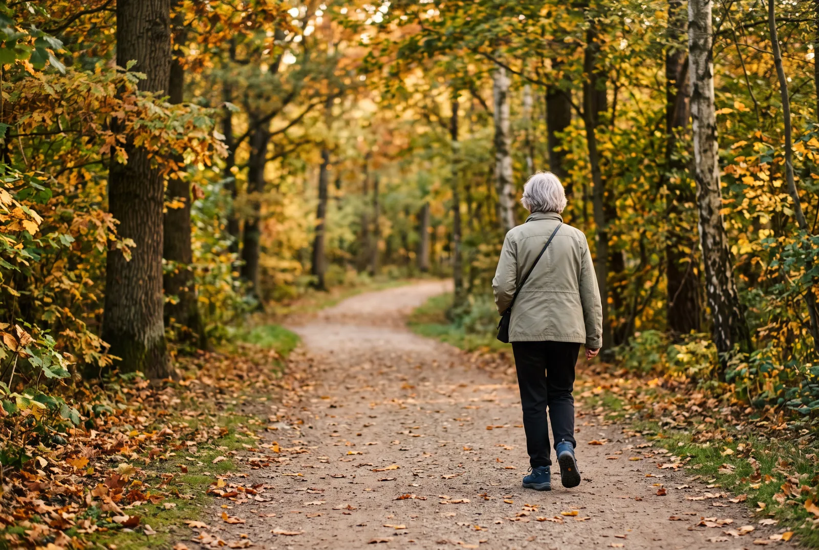 An older person seen from behind walking along a tree-lined park path in autumn light, wearing lace-up walking boots