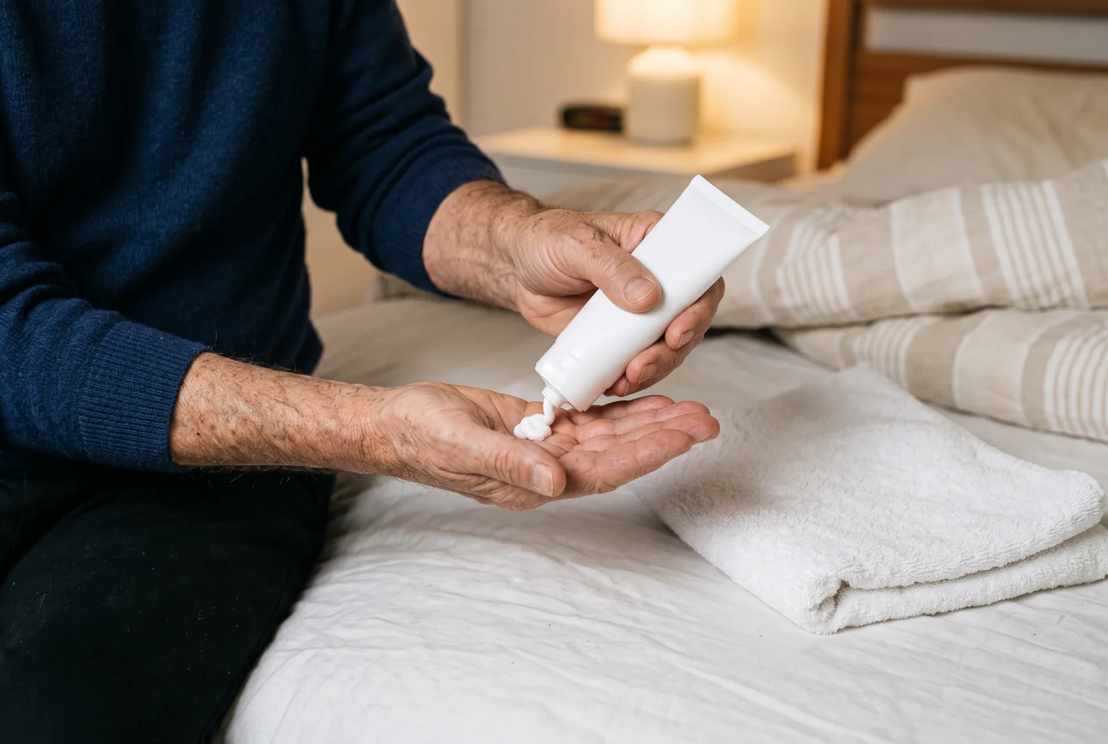 Hands squeezing a little moisturizing cream from a plain white tube into one palm, with a folded white towel on the bed beside them