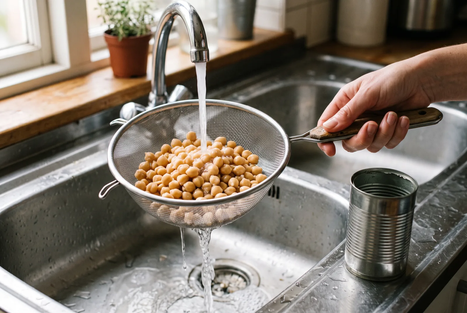 Chickpeas being rinsed in a metal strainer under a kitchen faucet next to an opened plain can