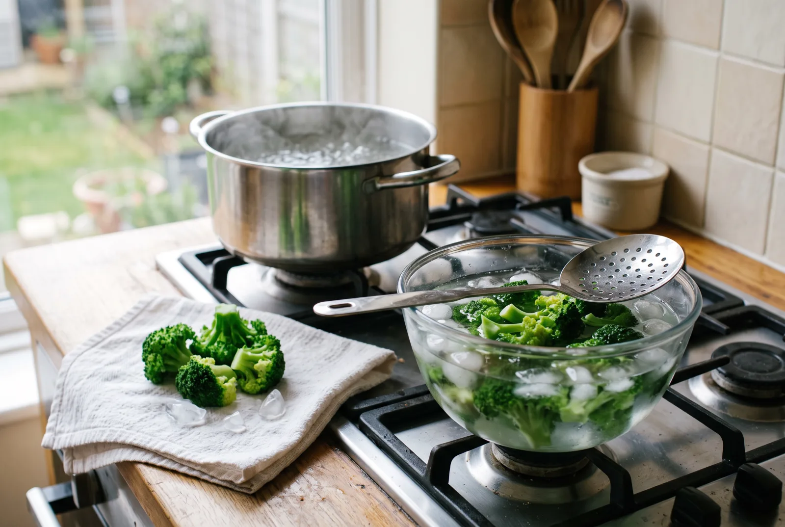 Bright green blanched broccoli florets cooling in a glass bowl of ice water next to a pot of boiling water on a stove