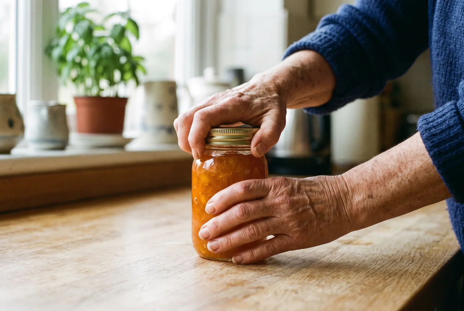 Close-up of an older woman's hands twisting open a jar of homemade jam on a wooden kitchen counter
