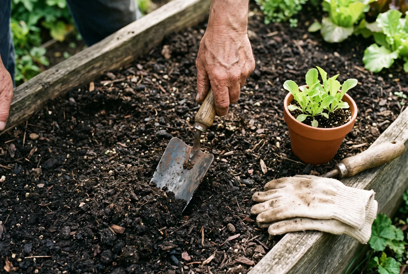 Close-up of an older person's hand pushing a wooden-handled trowel into dark soil in a raised vegetable bed beside a pot of lettuce seedlings