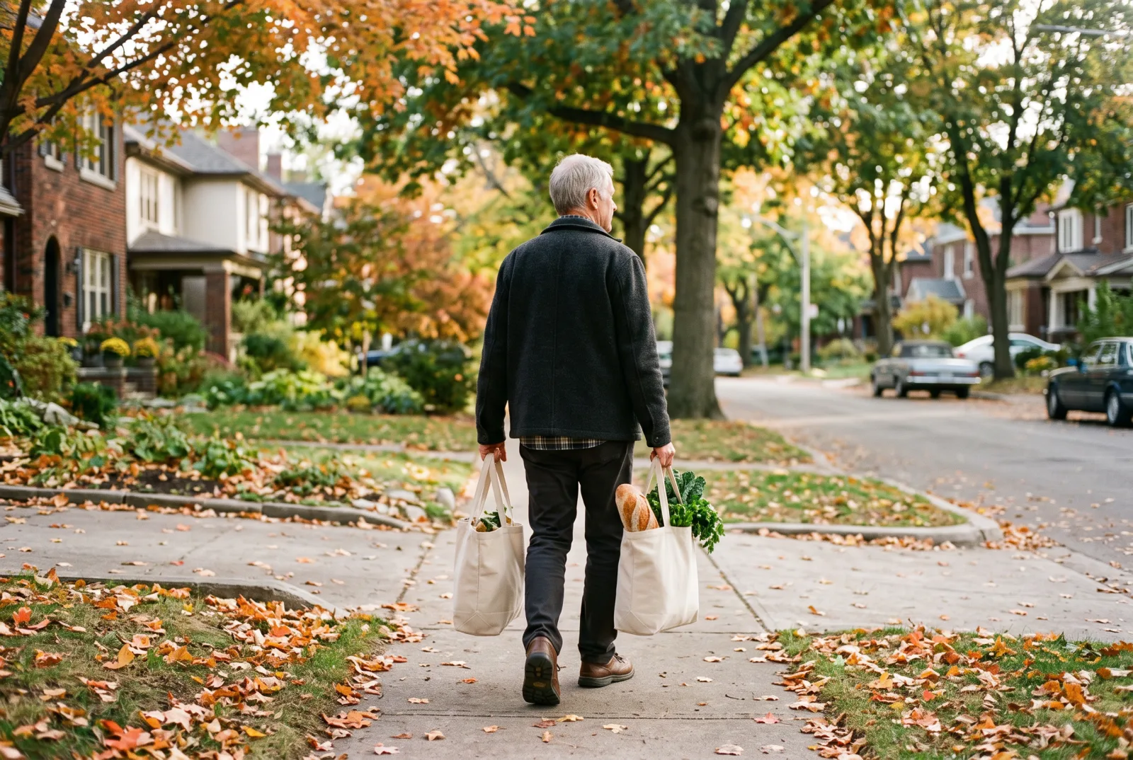 An older man seen from behind walking down a tree-lined autumn sidewalk carrying a full canvas grocery bag in each hand