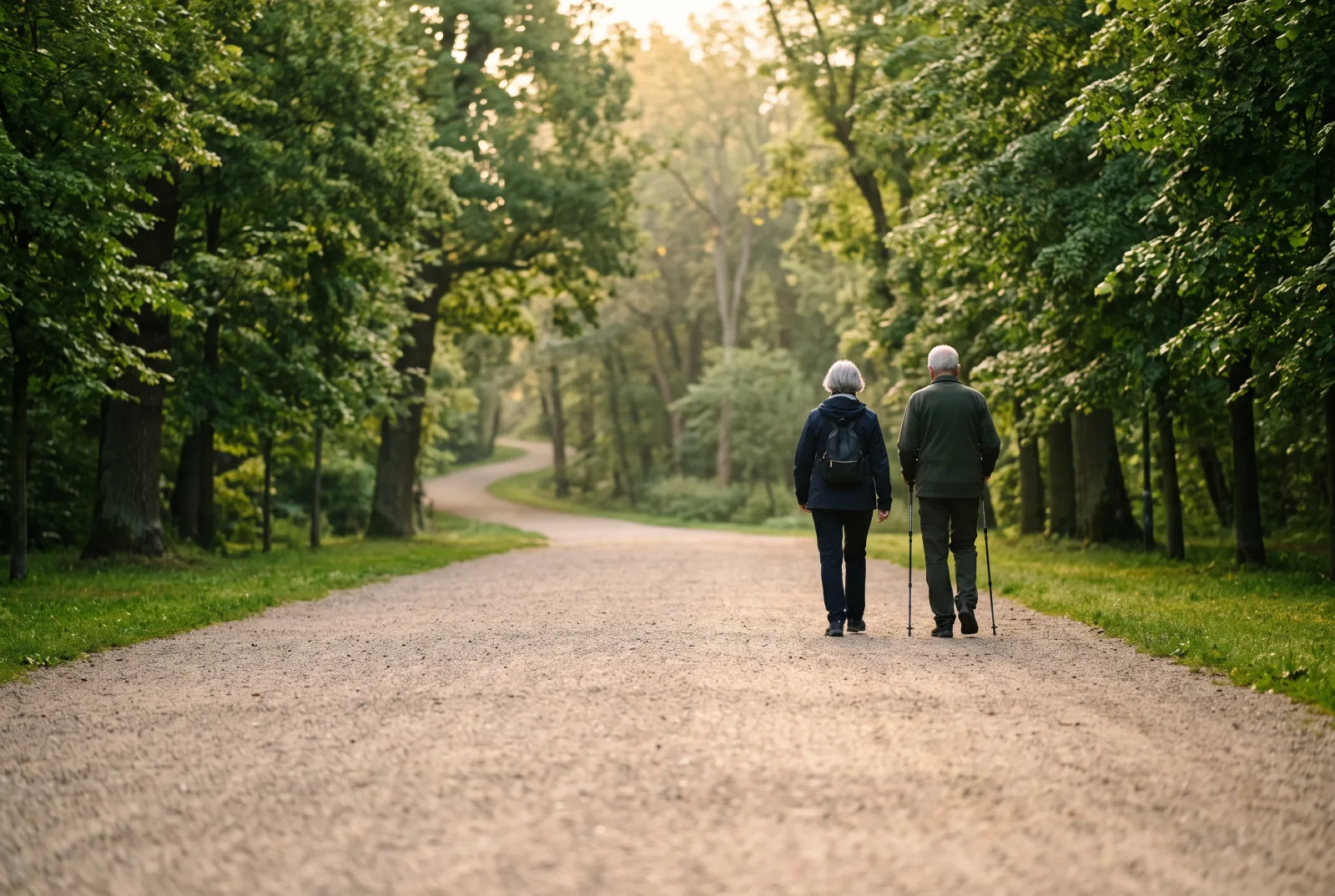 An older couple seen from behind walking side by side along a wide gravel path through a green park in early morning light
