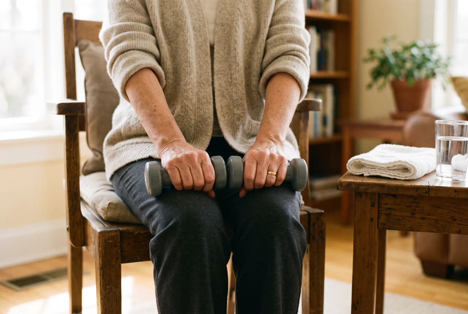 Close-up of an older woman's hands holding two small gray hand weights on her knees while seated on a wooden chair in a sunny living room