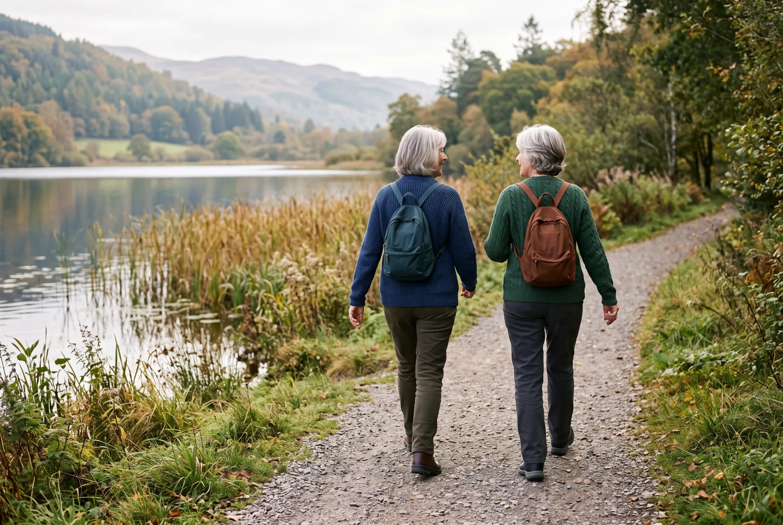Two older women seen from behind walking briskly together and chatting along a gravel path beside a lake