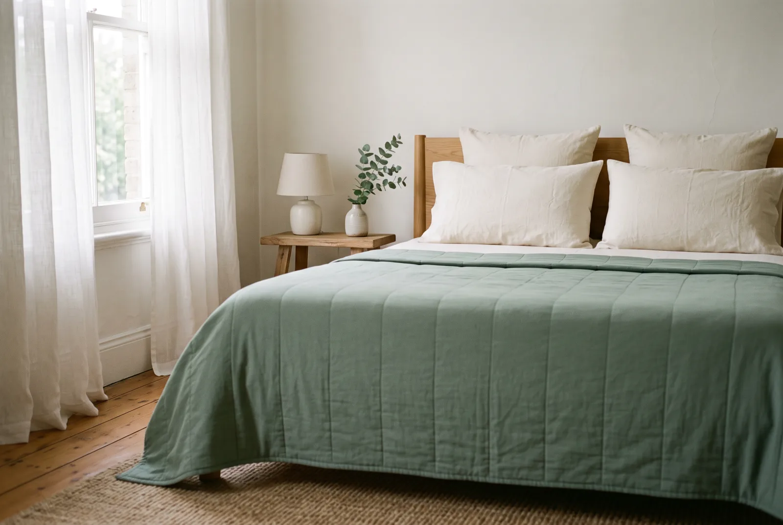 A neatly made bed with a sage-green quilted coverlet and cream pillows in soft early morning light