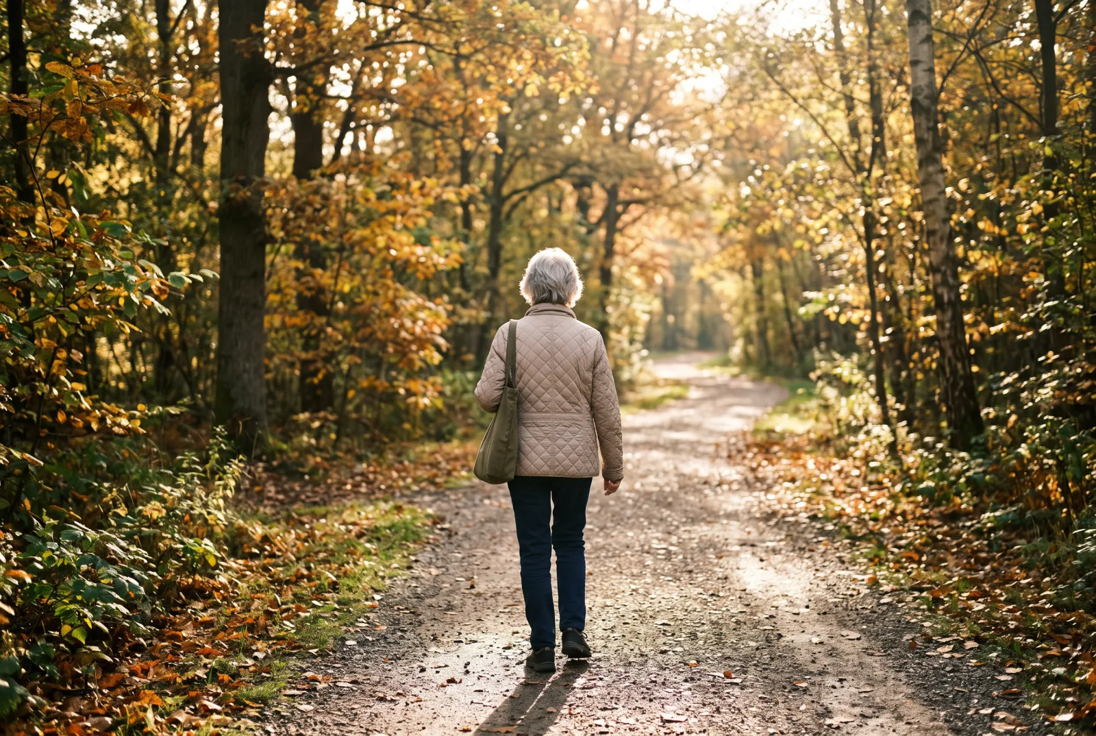 An older adult seen from behind walking along a sunlit wooded path lined with autumn leaves