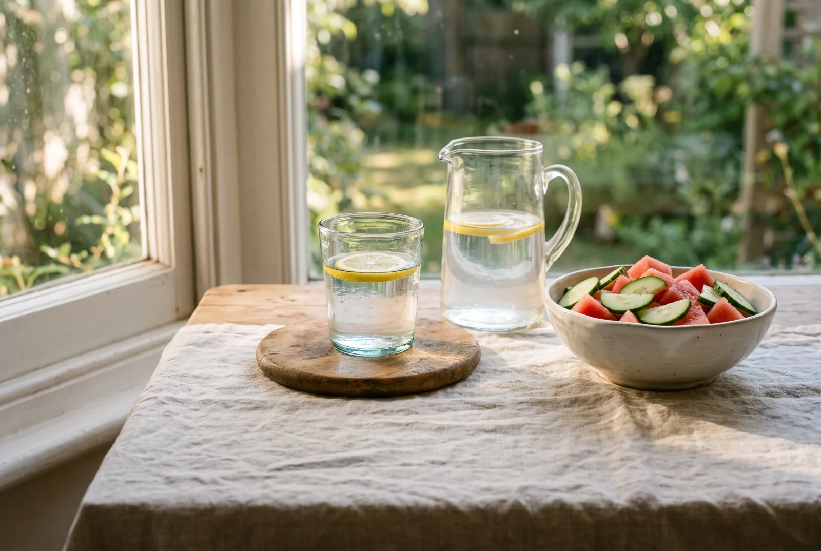 A glass of water with lemon, a glass pitcher and a bowl of watermelon and cucumber on a sunny kitchen table