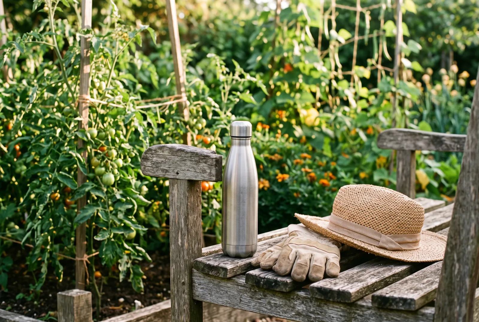 A plain stainless steel water bottle on a wooden garden bench beside gardening gloves and a straw hat