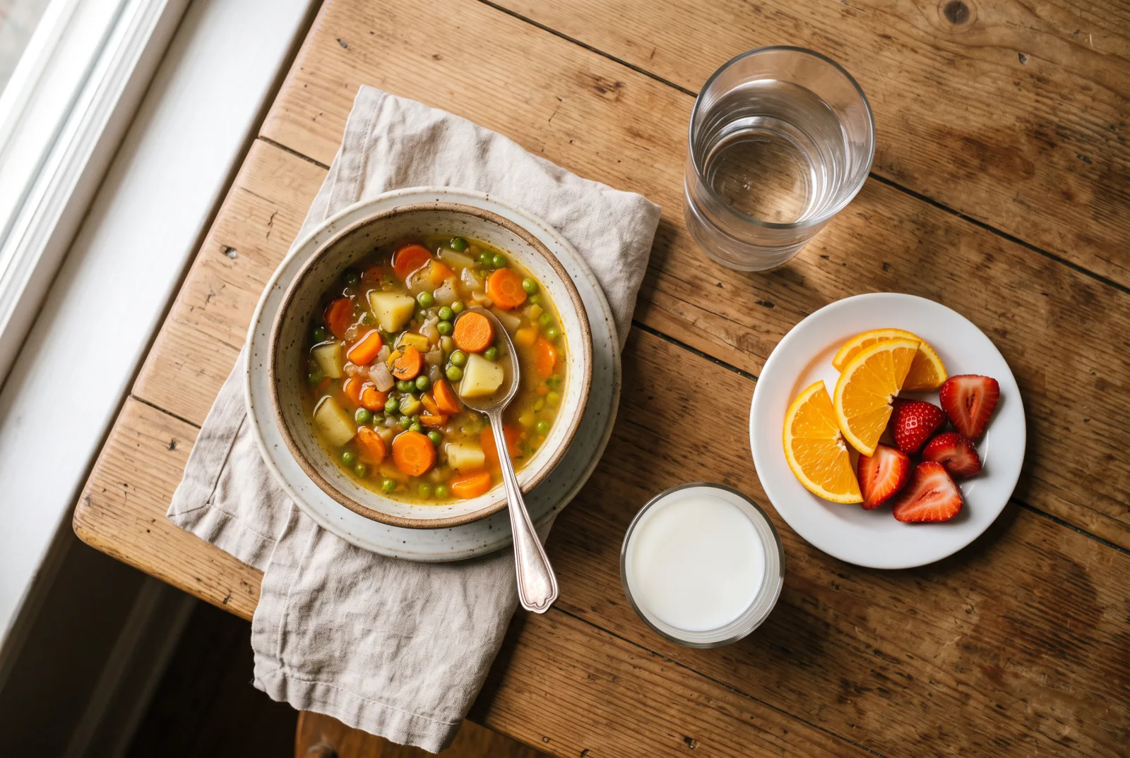 Overhead view of a bowl of vegetable soup, a glass of milk, a glass of water and a plate of orange slices and strawberries