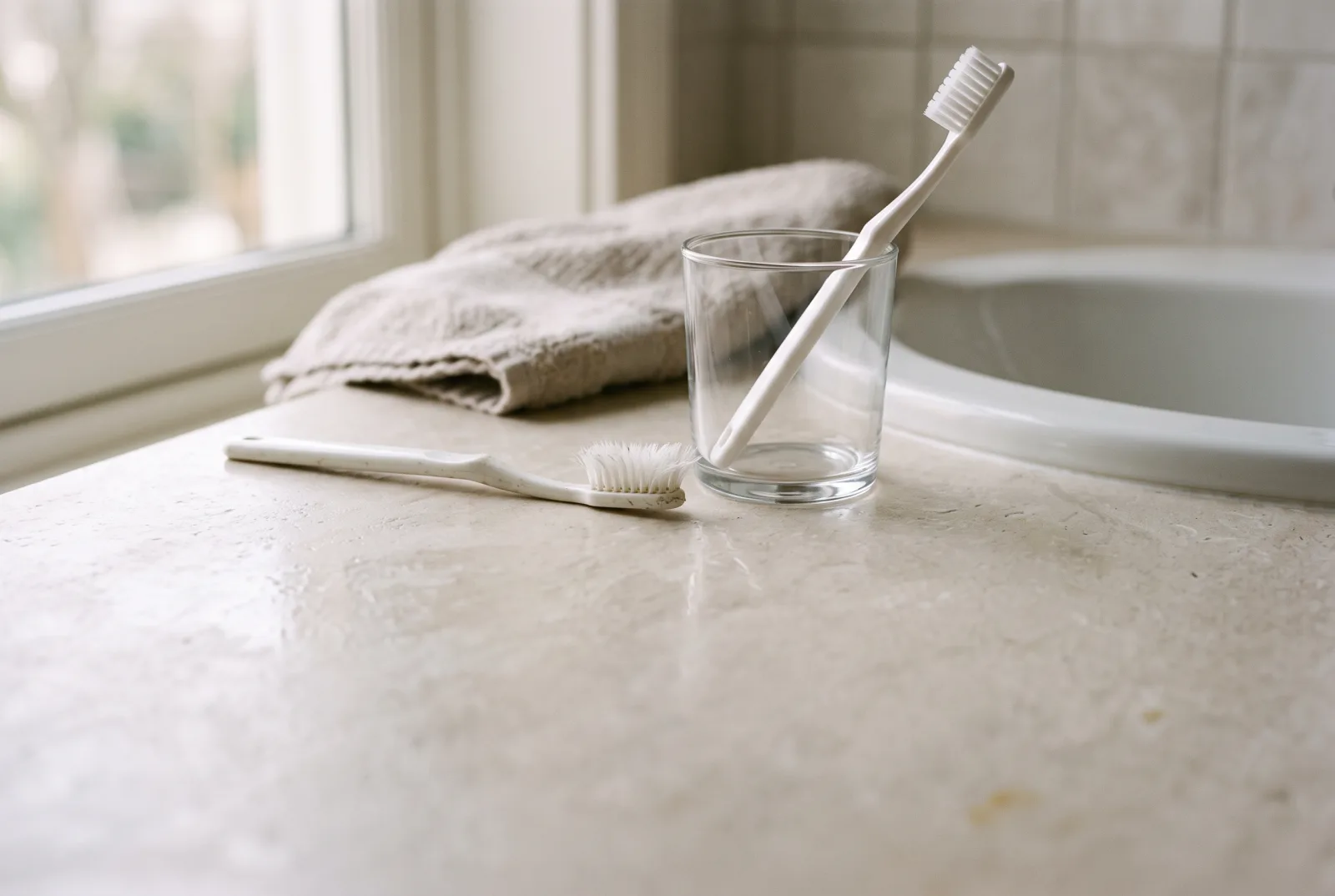 A new toothbrush standing in a glass cup beside an old toothbrush with splayed, flattened bristles on a bathroom counter