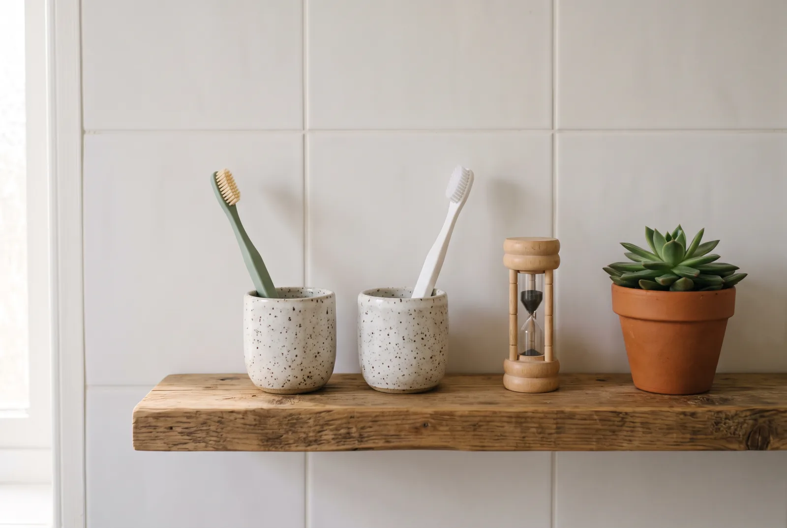 Two toothbrushes standing upright in separate open ceramic cups on a wooden bathroom shelf beside a small sand timer and a potted plant