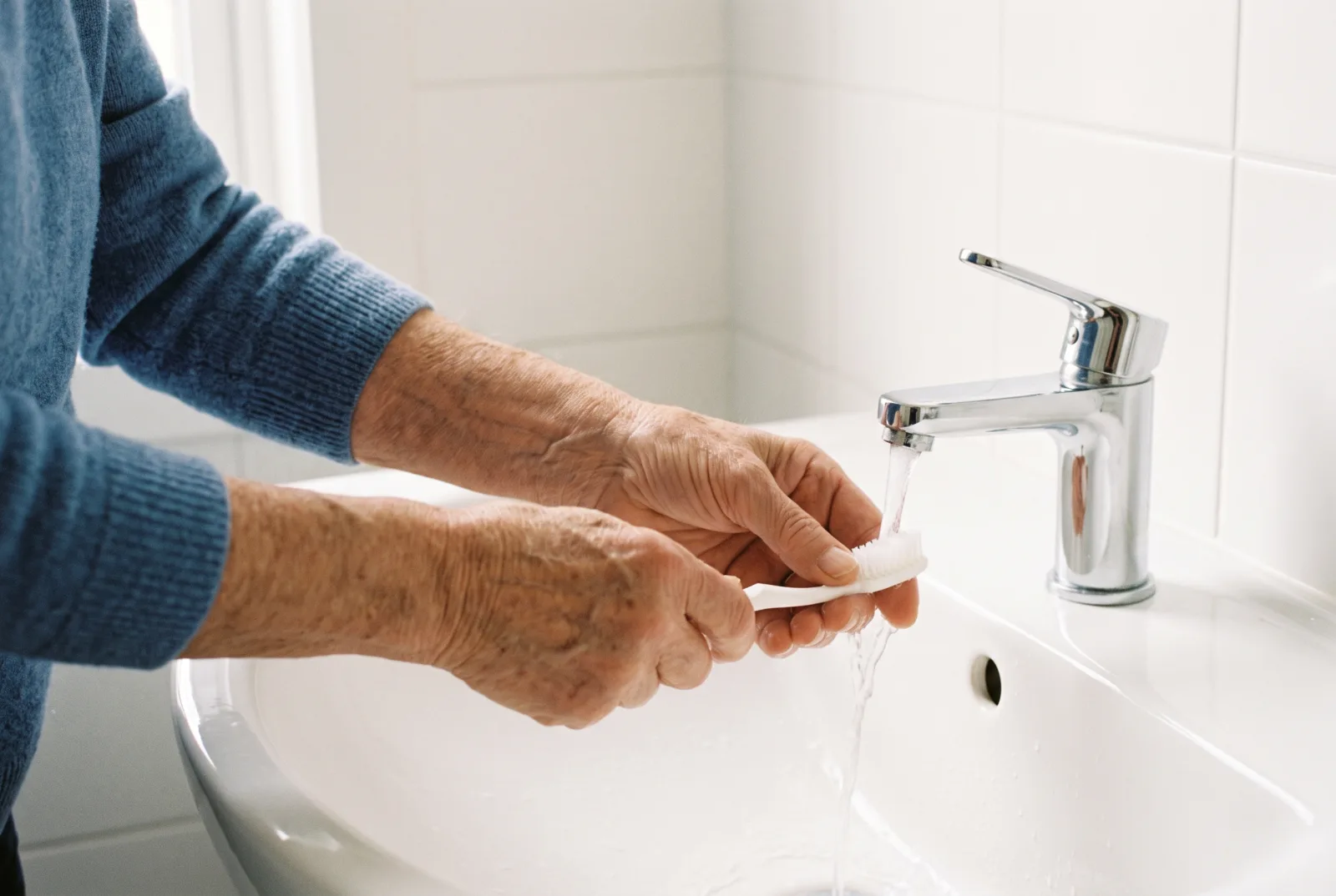 Hands rinsing a soft-bristled toothbrush under a running tap at a white bathroom sink