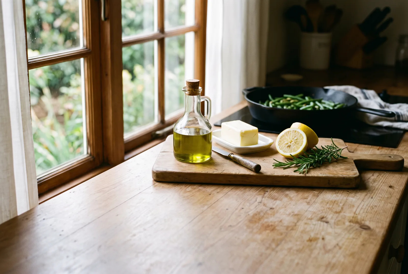 A glass cruet of olive oil and a dish of butter side by side on a wooden kitchen counter