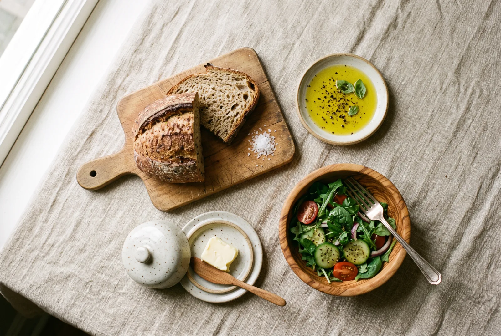 Overhead view of whole-grain bread beside a saucer of olive oil, a small butter dish and a green salad