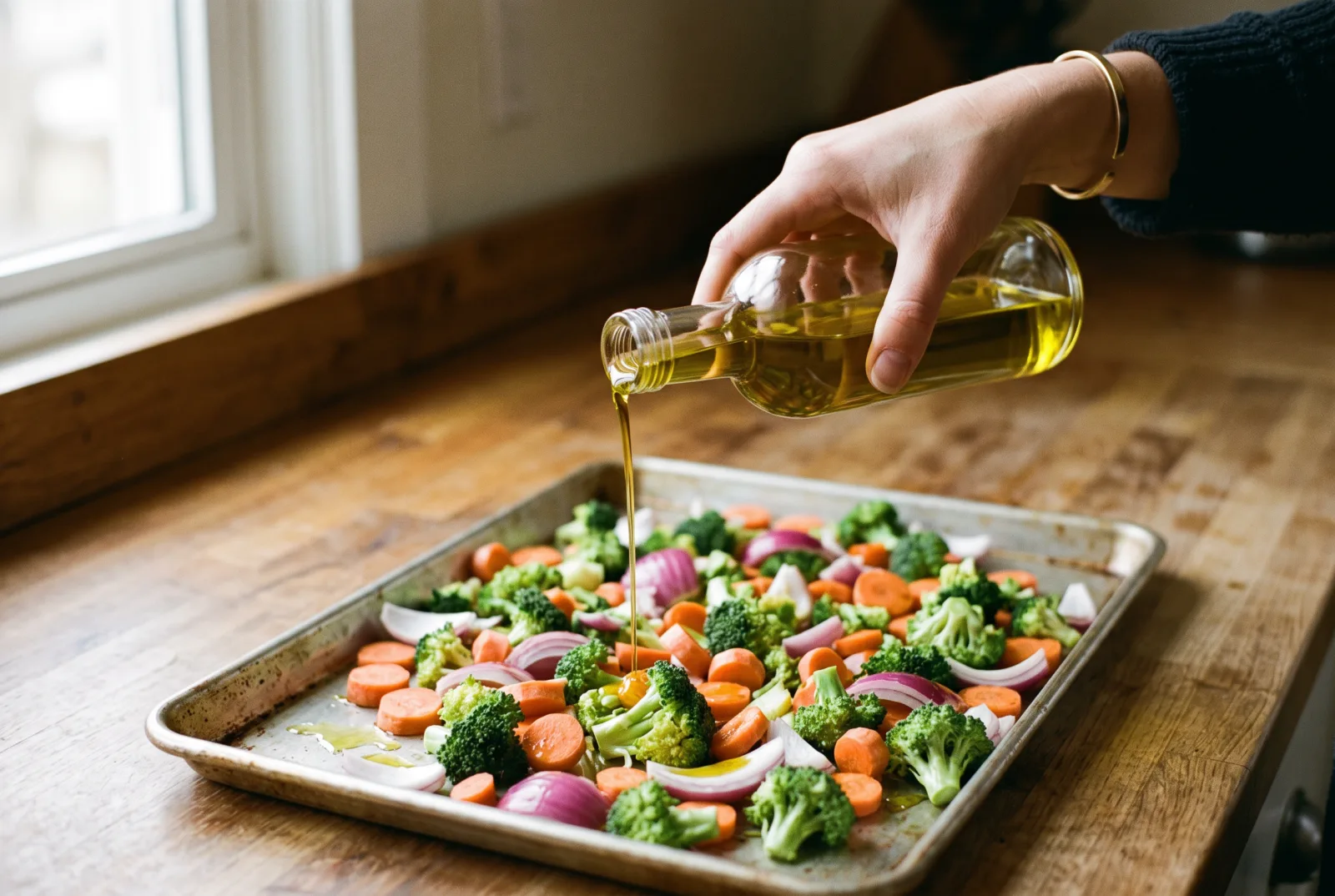 A hand pouring olive oil from a glass bottle over a sheet pan of broccoli, carrots and red onion