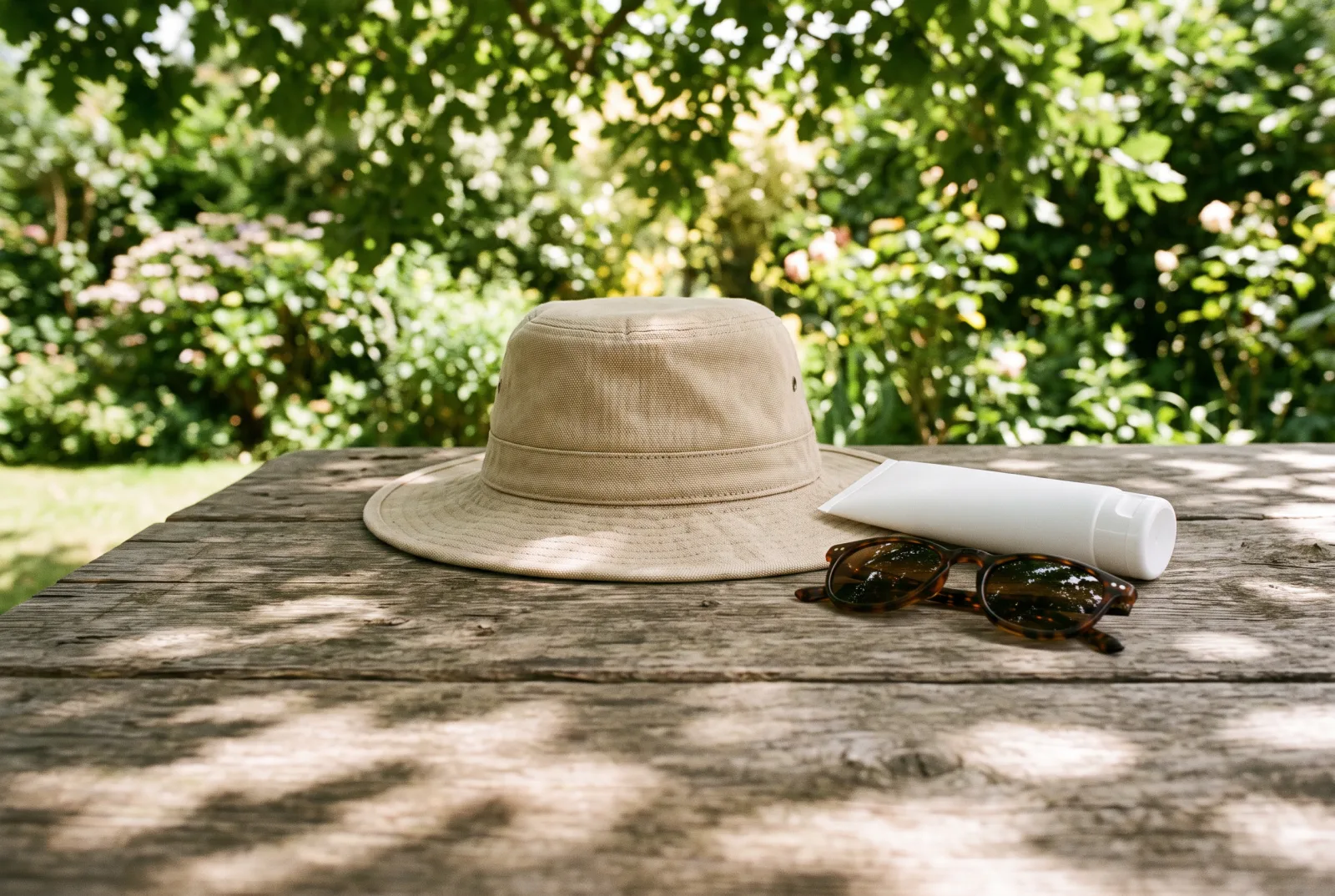 A wide-brimmed canvas sun hat, a plain white tube of sunscreen and folded sunglasses on a wooden garden table in dappled shade
