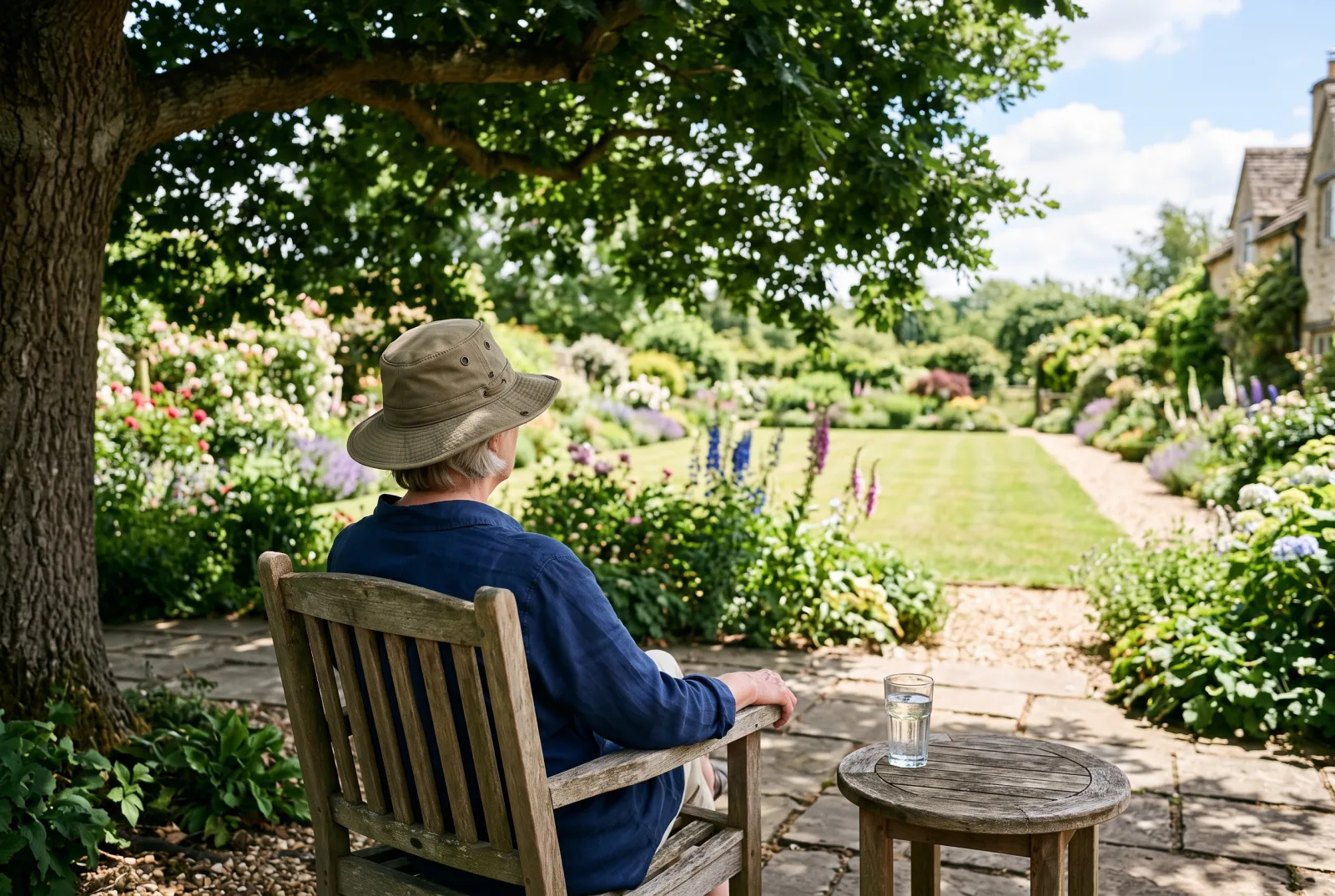 An older person in a navy long-sleeved shirt and wide-brimmed hat, seen from behind, sitting in the shade of a large tree looking out over a sunny garden